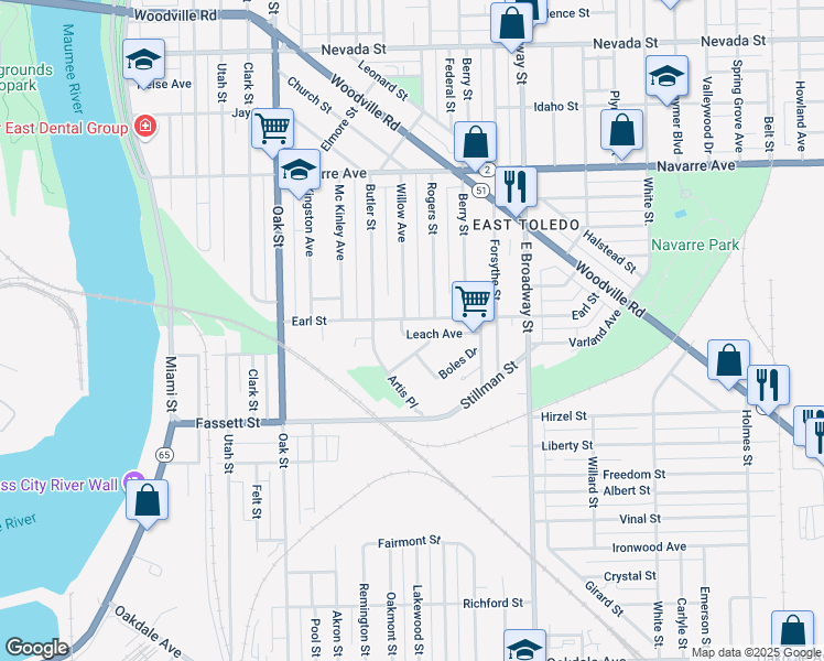 map of restaurants, bars, coffee shops, grocery stores, and more near 606 Earl Street in Toledo