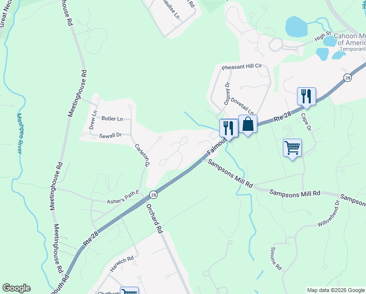 map of restaurants, bars, coffee shops, grocery stores, and more near 161 Falmouth Road in Mashpee