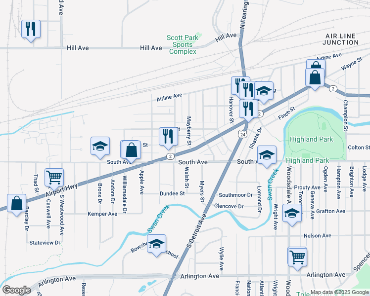 map of restaurants, bars, coffee shops, grocery stores, and more near 2169 Airport Highway in Toledo