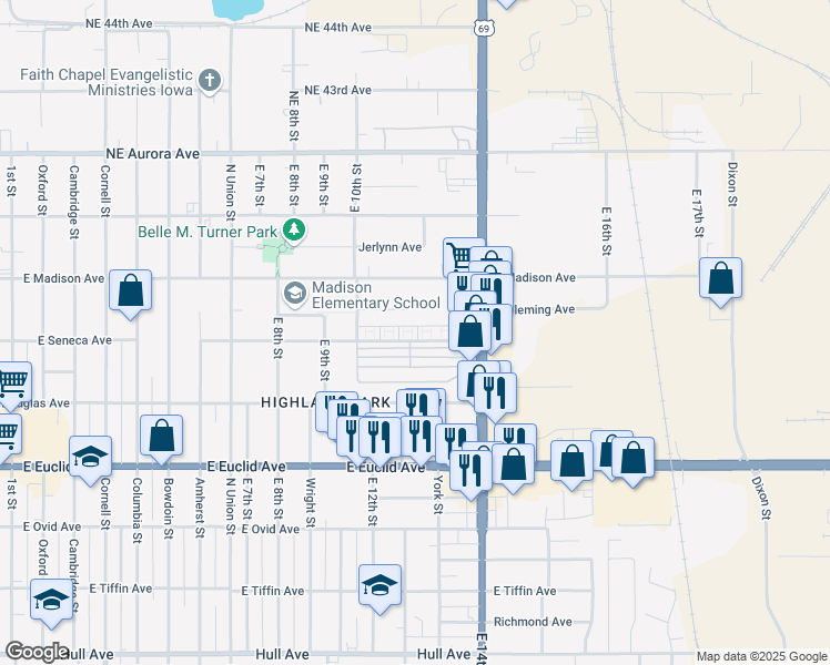 map of restaurants, bars, coffee shops, grocery stores, and more near 1216 East Seneca Avenue in Des Moines