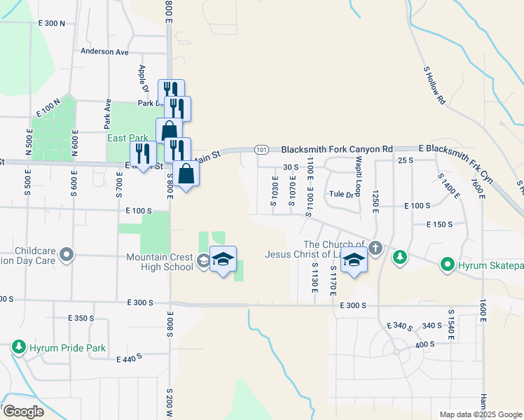 map of restaurants, bars, coffee shops, grocery stores, and more near 1003 Hyrum Boulevard in Hyrum
