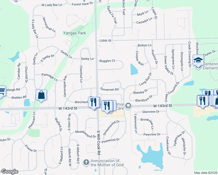 map of restaurants, bars, coffee shops, grocery stores, and more near 11910 Somerset Road in Orland Park