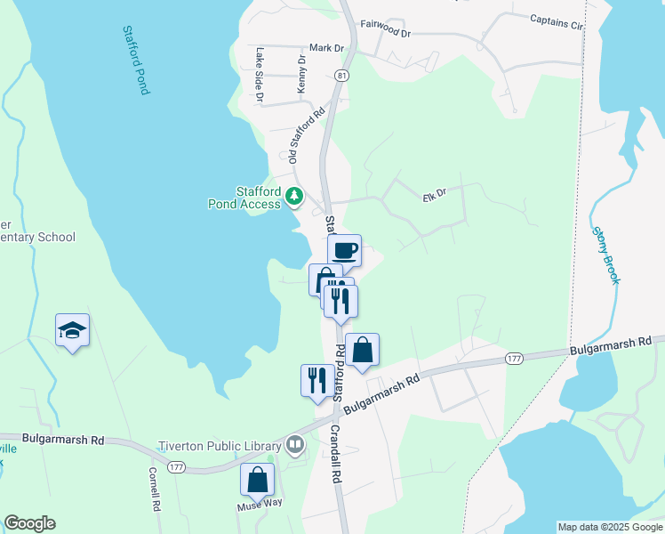 map of restaurants, bars, coffee shops, grocery stores, and more near 1073 Stafford Road in Tiverton