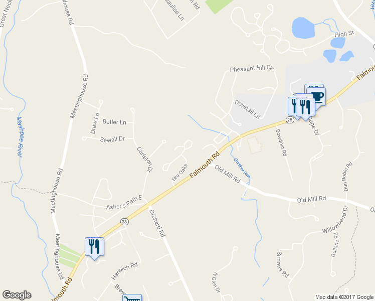 map of restaurants, bars, coffee shops, grocery stores, and more near 161 Falmouth Road in Mashpee
