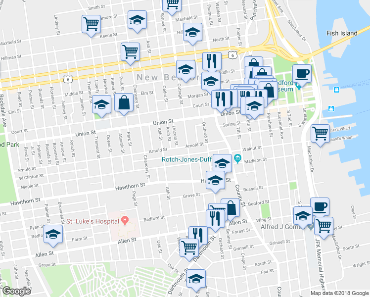 map of restaurants, bars, coffee shops, grocery stores, and more near 110 East Clinton Street in New Bedford