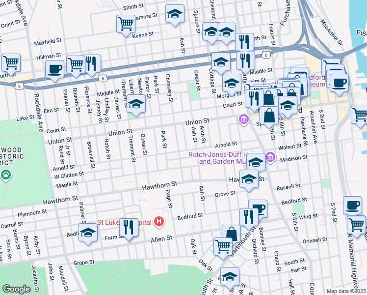 map of restaurants, bars, coffee shops, grocery stores, and more near 51 Chancery Street in New Bedford