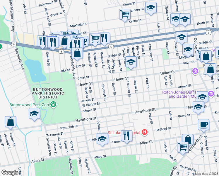 map of restaurants, bars, coffee shops, grocery stores, and more near 200 Brownell Street in New Bedford