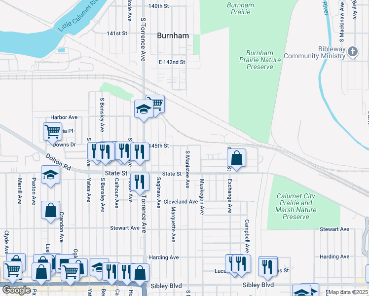 map of restaurants, bars, coffee shops, grocery stores, and more near 14525 South Manistee Avenue in Burnham