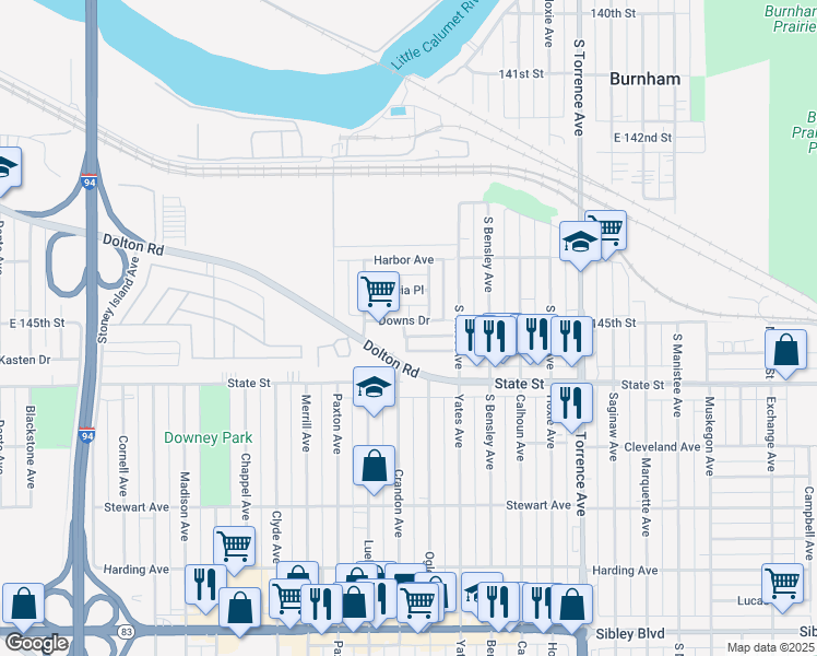 map of restaurants, bars, coffee shops, grocery stores, and more near 1620 Astor Street in Calumet City