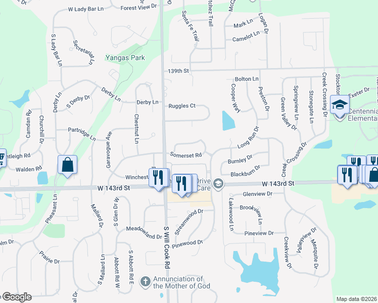 map of restaurants, bars, coffee shops, grocery stores, and more near 11904 Somerset Road in Orland Park