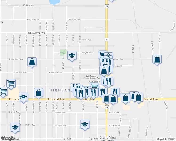 map of restaurants, bars, coffee shops, grocery stores, and more near 1116 East Seneca Avenue in Des Moines