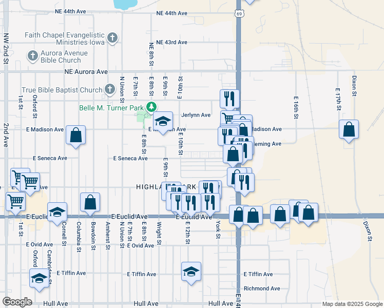 map of restaurants, bars, coffee shops, grocery stores, and more near 1116 East Seneca Avenue in Des Moines
