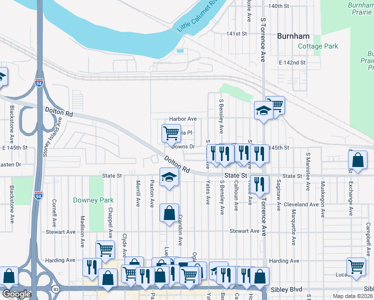 map of restaurants, bars, coffee shops, grocery stores, and more near 1620 Astor Street in Calumet City