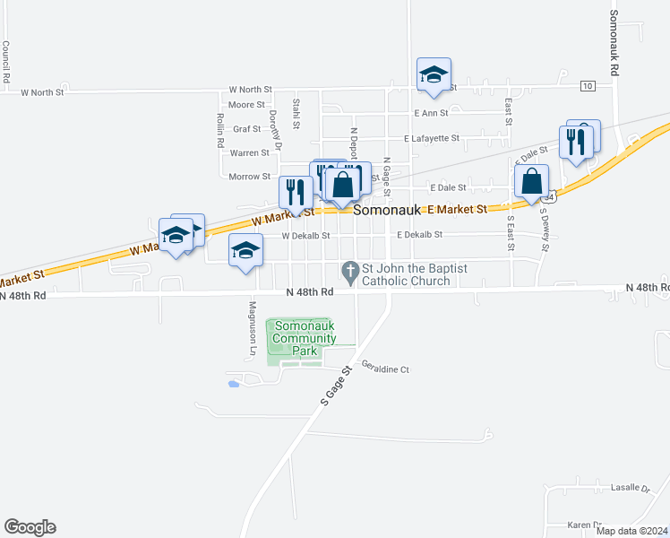 map of restaurants, bars, coffee shops, grocery stores, and more near 125 West Washington Street in Somonauk