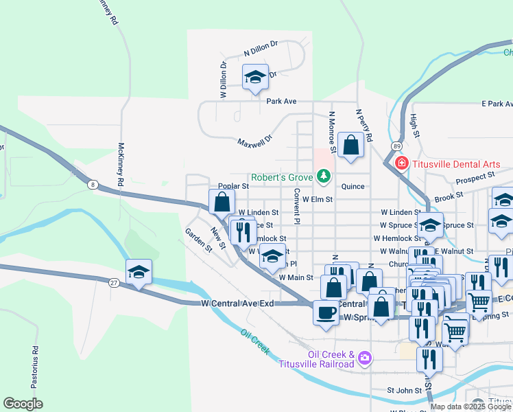 map of restaurants, bars, coffee shops, grocery stores, and more near 617 West Elm Street in Titusville