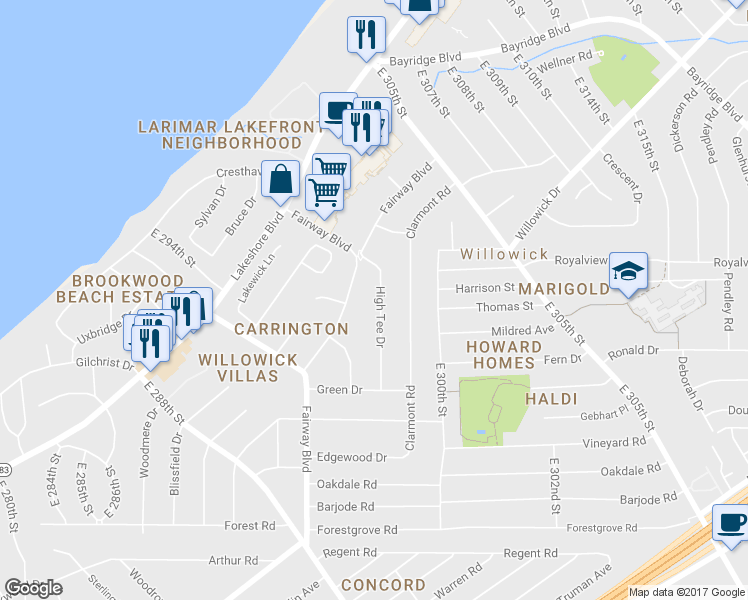 map of restaurants, bars, coffee shops, grocery stores, and more near 362 High Tee Drive in Willowick