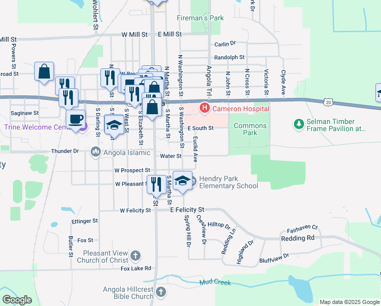 map of restaurants, bars, coffee shops, grocery stores, and more near 510 Euclid Avenue in Angola