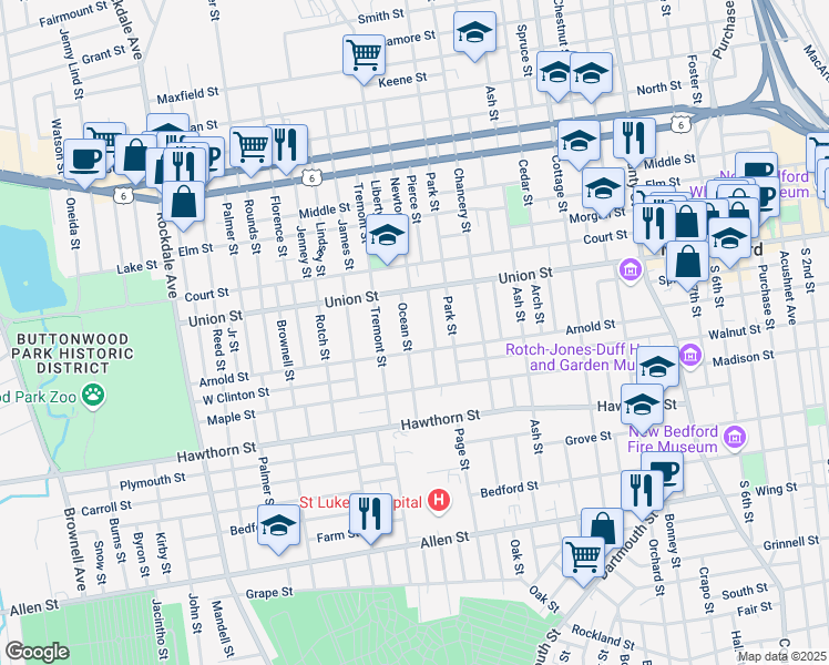 map of restaurants, bars, coffee shops, grocery stores, and more near 27 Ocean Street in New Bedford