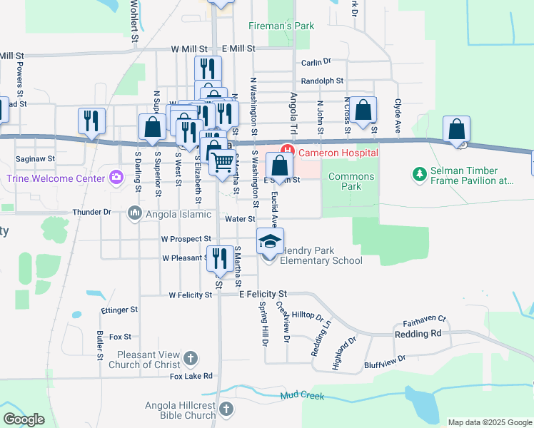 map of restaurants, bars, coffee shops, grocery stores, and more near 510 Euclid Avenue in Angola