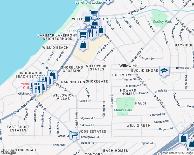 map of restaurants, bars, coffee shops, grocery stores, and more near 369 High Tee Drive in Willowick