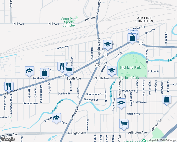 map of restaurants, bars, coffee shops, grocery stores, and more near 436 Somerset Street in Toledo