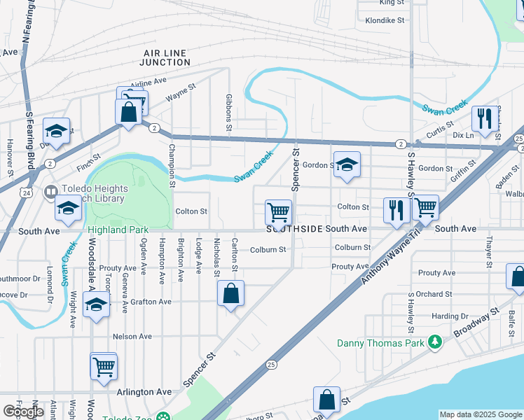 map of restaurants, bars, coffee shops, grocery stores, and more near 457 Wendell Street in Toledo