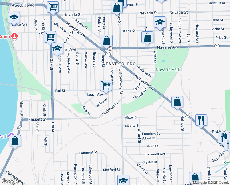 map of restaurants, bars, coffee shops, grocery stores, and more near 1030 Forsythe Street in Toledo