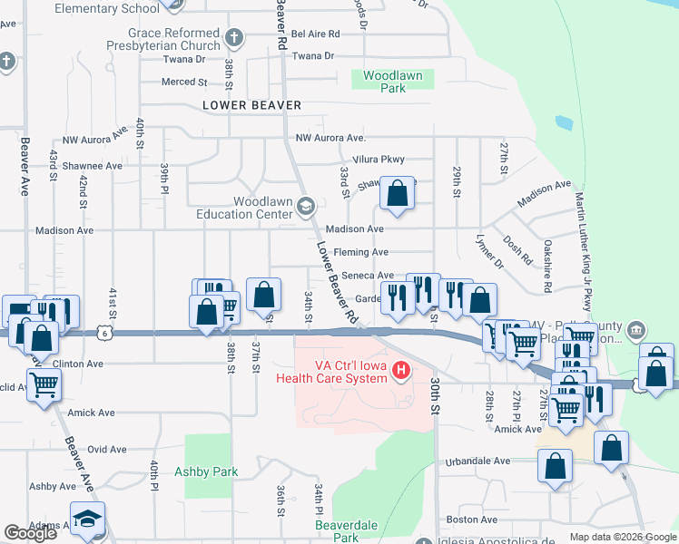 map of restaurants, bars, coffee shops, grocery stores, and more near 3843 Lower Beaver Road in Des Moines