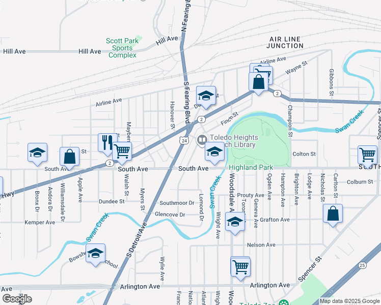 map of restaurants, bars, coffee shops, grocery stores, and more near 460 Shasta Drive in Toledo