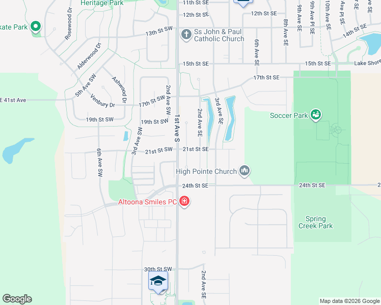 map of restaurants, bars, coffee shops, grocery stores, and more near 116 21st Street Southeast in Altoona