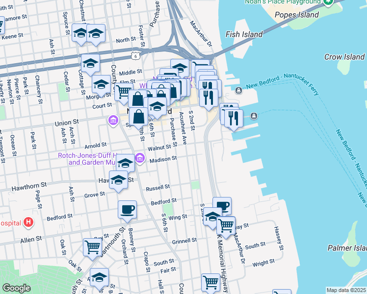 map of restaurants, bars, coffee shops, grocery stores, and more near 232 Acushnet Avenue in New Bedford