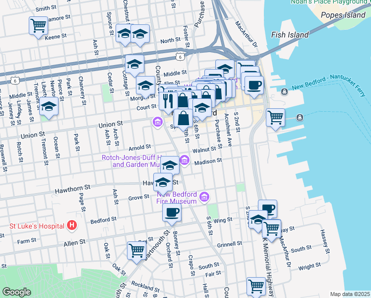 map of restaurants, bars, coffee shops, grocery stores, and more near 400 County Street in New Bedford