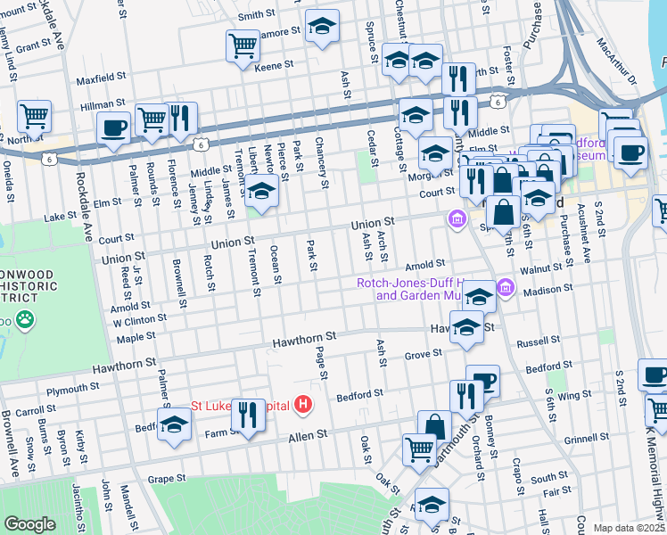 map of restaurants, bars, coffee shops, grocery stores, and more near 51 Chancery Street in New Bedford