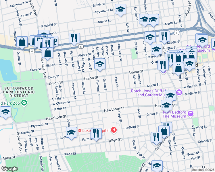 map of restaurants, bars, coffee shops, grocery stores, and more near 27 Ocean Street in New Bedford