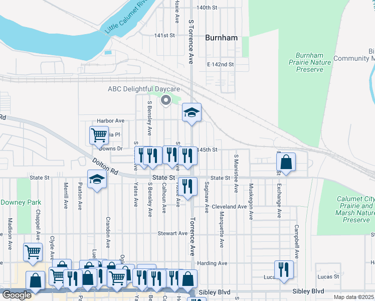 map of restaurants, bars, coffee shops, grocery stores, and more near 14532 South Torrence Avenue in Burnham