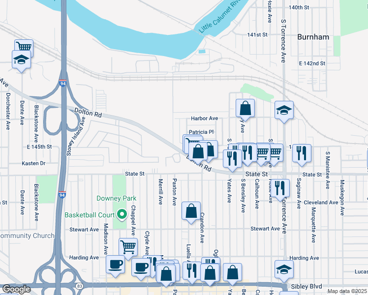map of restaurants, bars, coffee shops, grocery stores, and more near 1701 Dolton Road in Calumet City