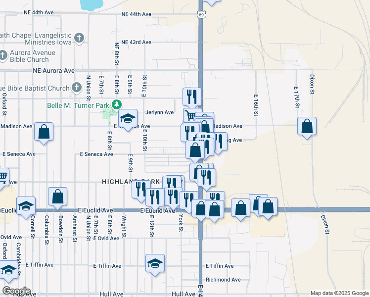 map of restaurants, bars, coffee shops, grocery stores, and more near 1315 East Seneca Avenue in Des Moines