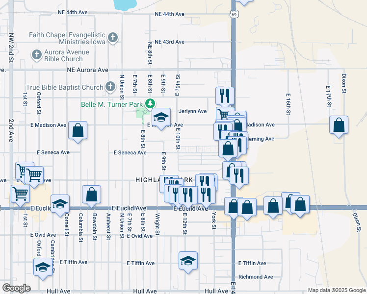 map of restaurants, bars, coffee shops, grocery stores, and more near 1116 East Seneca Avenue in Des Moines