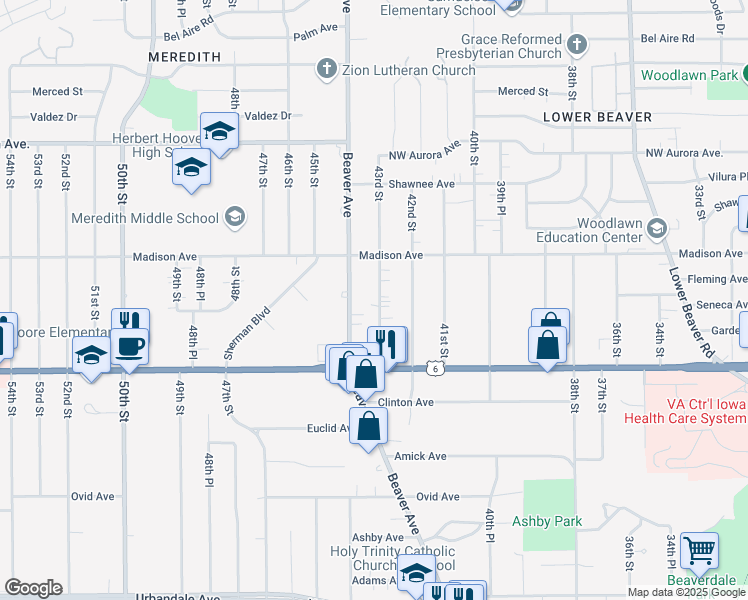 map of restaurants, bars, coffee shops, grocery stores, and more near 3839 43rd Street in Des Moines