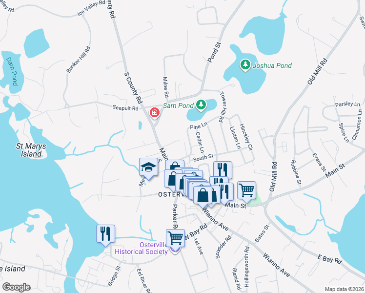 map of restaurants, bars, coffee shops, grocery stores, and more near 162 Pine Lane in Barnstable