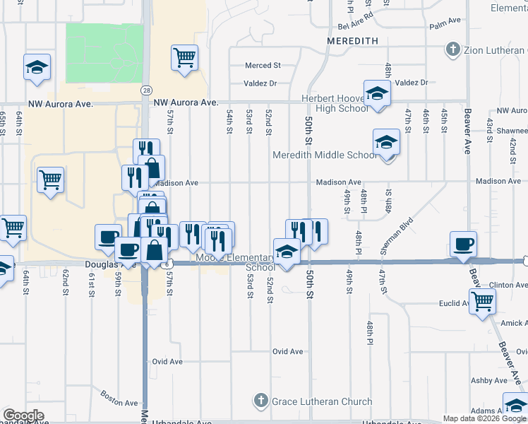 map of restaurants, bars, coffee shops, grocery stores, and more near 3845 52nd Street in Des Moines