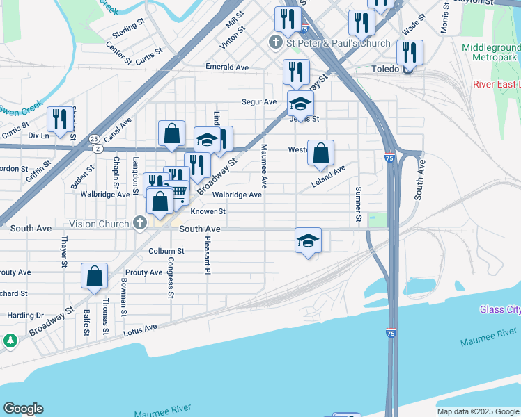 map of restaurants, bars, coffee shops, grocery stores, and more near 416 Maumee Avenue in Toledo