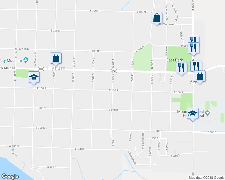 map of restaurants, bars, coffee shops, grocery stores, and more near 98 South 400 East in Hyrum