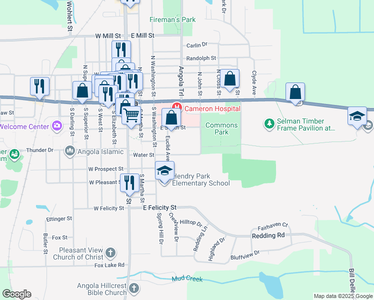 map of restaurants, bars, coffee shops, grocery stores, and more near 410 E South St in Angola