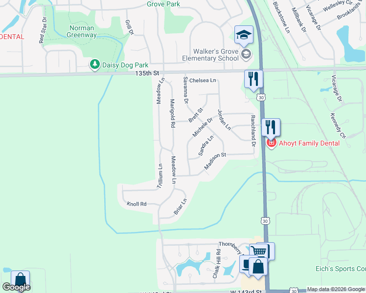 map of restaurants, bars, coffee shops, grocery stores, and more near 25050 Michele Drive in Plainfield