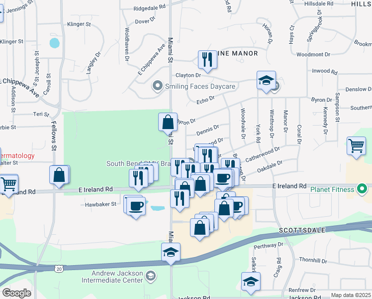 map of restaurants, bars, coffee shops, grocery stores, and more near 4300 Norton Drive in South Bend