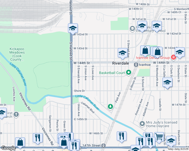 map of restaurants, bars, coffee shops, grocery stores, and more near 14439 South Lowe Avenue in Riverdale