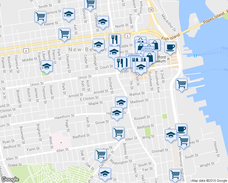 map of restaurants, bars, coffee shops, grocery stores, and more near 35 Arnold Street in New Bedford