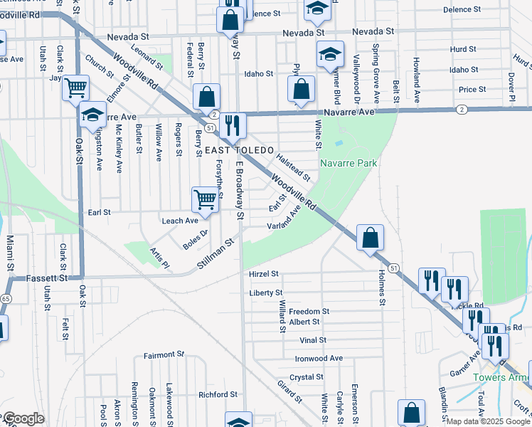 map of restaurants, bars, coffee shops, grocery stores, and more near 1108 Madeleine Street in Toledo