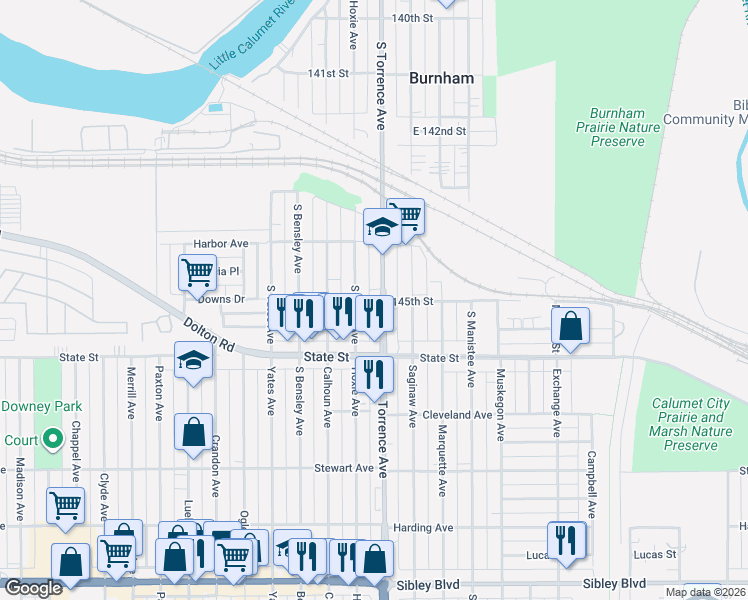 map of restaurants, bars, coffee shops, grocery stores, and more near 14436 South Torrence Avenue in Burnham
